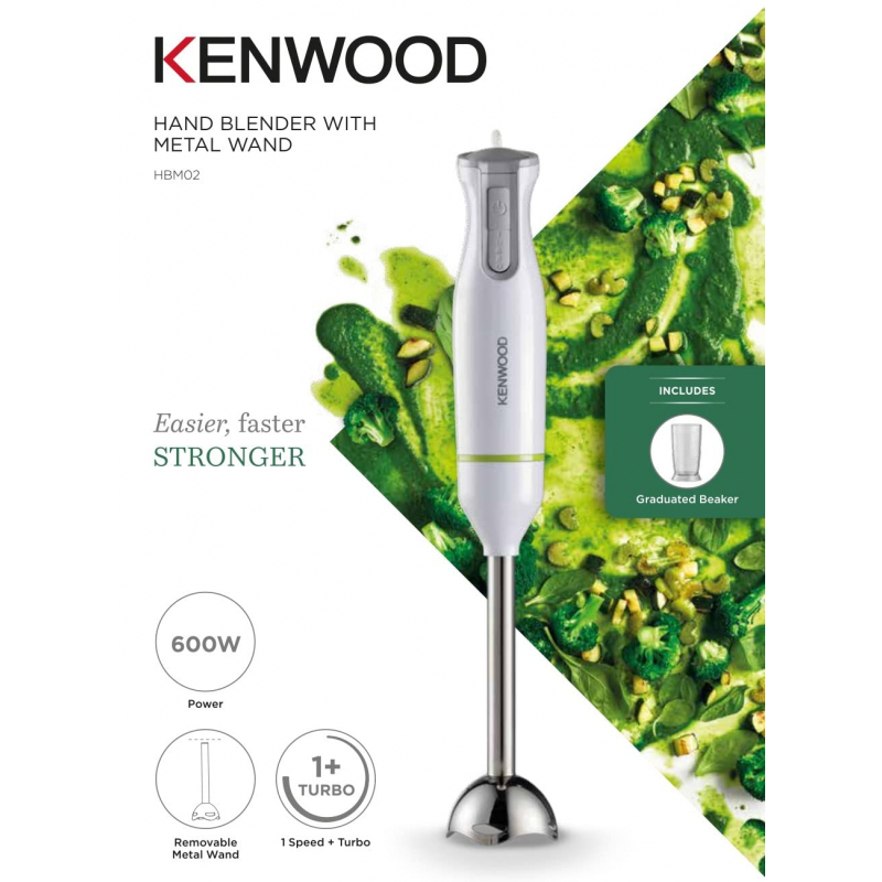 Kenwood Hand Blender Metal Wand 600W Stick with Graduated Beaker Turbo Function Removable for Easy Cleaning HBM02.001WH