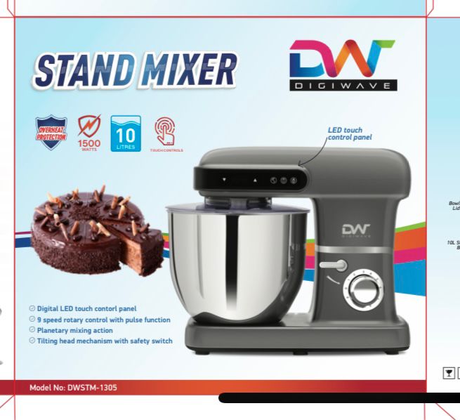 Digiwave Stand Mixer 1500W 10L 9 Speeds 3 Attachments with LED Touch Control Panel DW-STM-1305