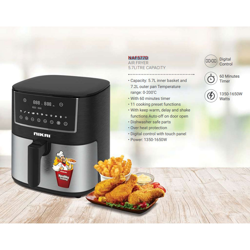 Nikai Air Fryer 5.7L Multifunctional Low Oil Fryer 1650W 11 Cooking Preset Functions Non Stick Coating Pan Overheat Protection Temperature Control Timer Automatic Shut-Off NAF577D