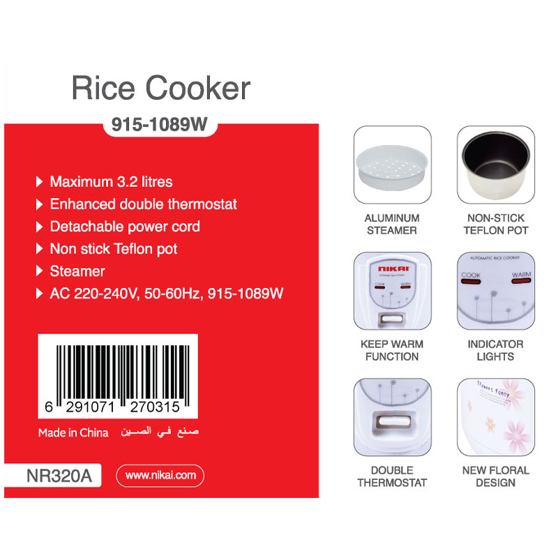 Nikai Rice Cooker 3.2L 1089W Aluminum Steamer Enhanced Double Thermostat Detachable Power Cord Non Stick Teflon Pot NR320A