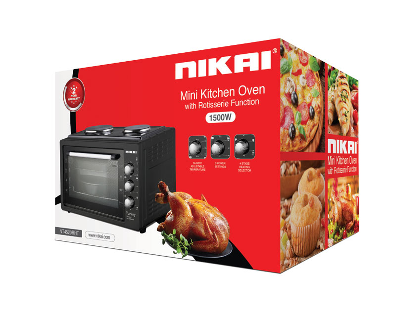 Nikai Oven 20L 2 Hot Plate 1800W 6 Stages Heating Selector 100-250ºC Adjustable Temperature 60 Minutes Timer With Bell NT4520RHT Black