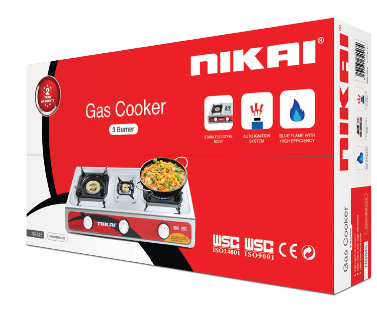 Nikai Gas Cooker 3 Burner Stainless Steel Gas Burner with Auto Ignition System Blue Flame with High Efficiency Stainless Steel Body Full Safety Features NG845